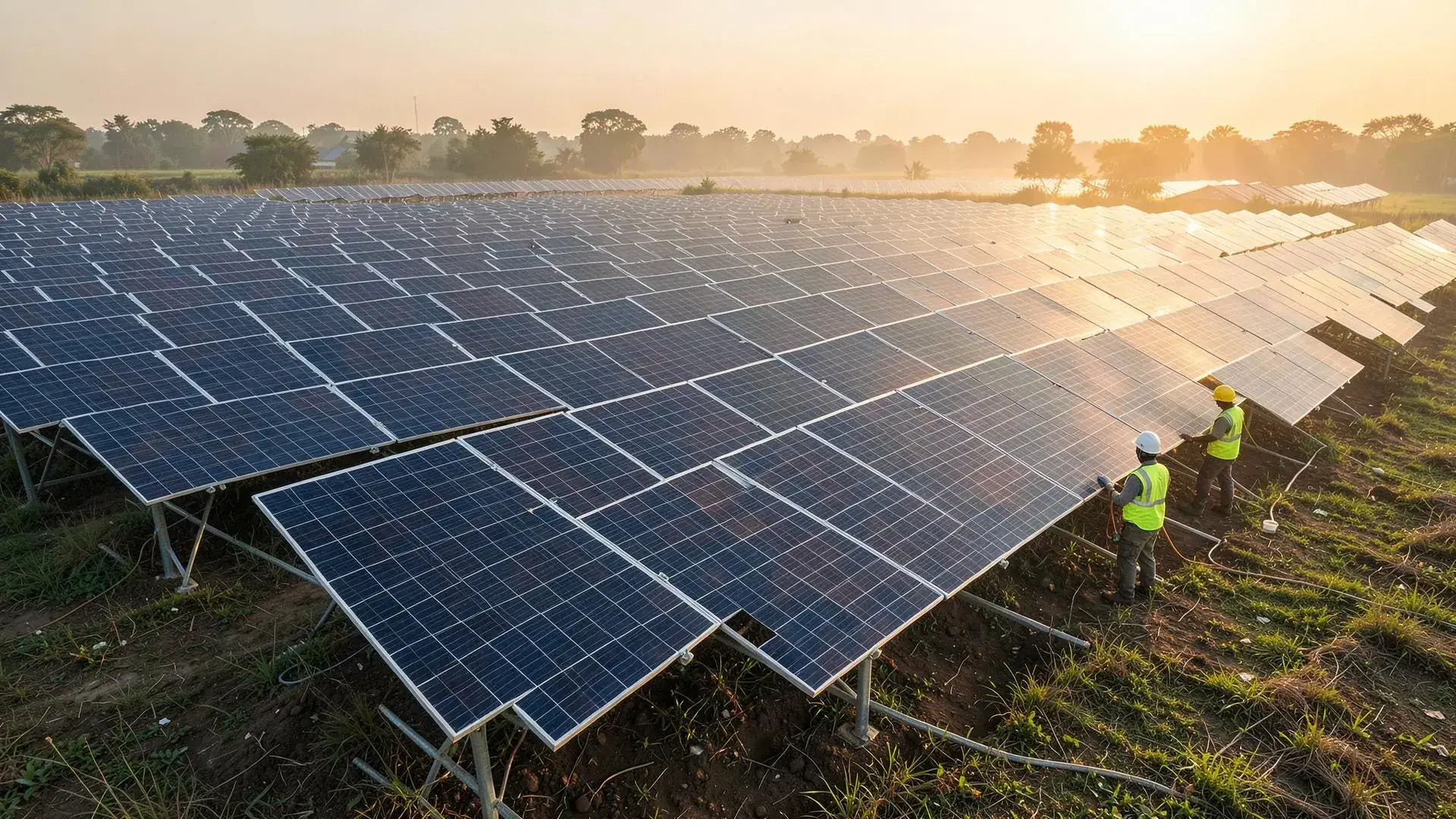 Ground-mounted solar array in rural Bangladesh with engineers inspecting panels